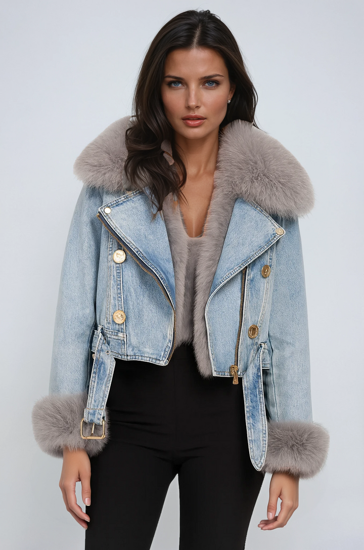 Denim Jacket with Fur Lining | Short Model with Collar